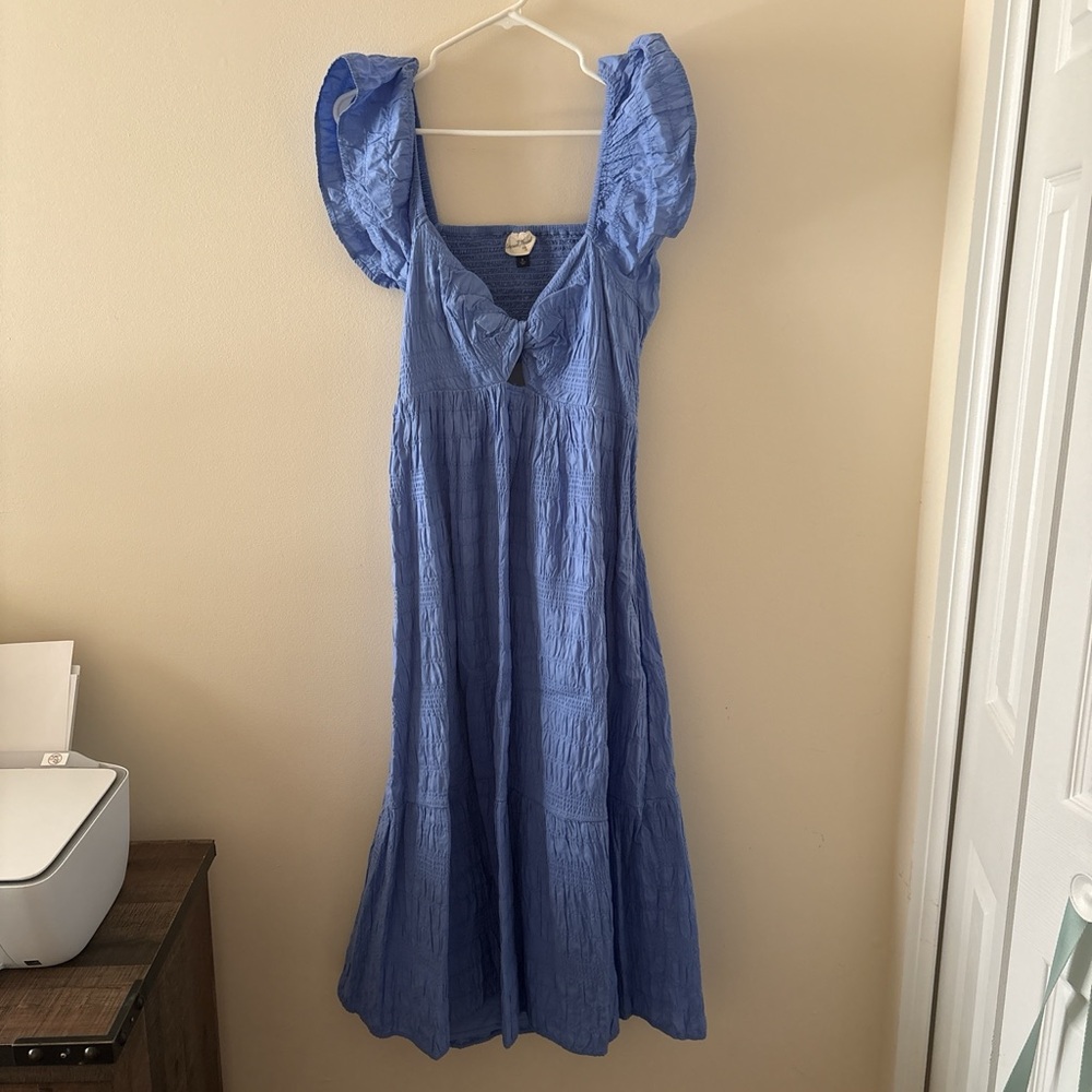 Blue Puff Sleeve Midi Dress -  Women